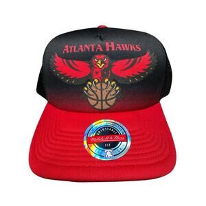 Atlanta Hawks SnapBack Hat Trucker Mitchell & Ness Red‎ Black Hip Hop Basketball